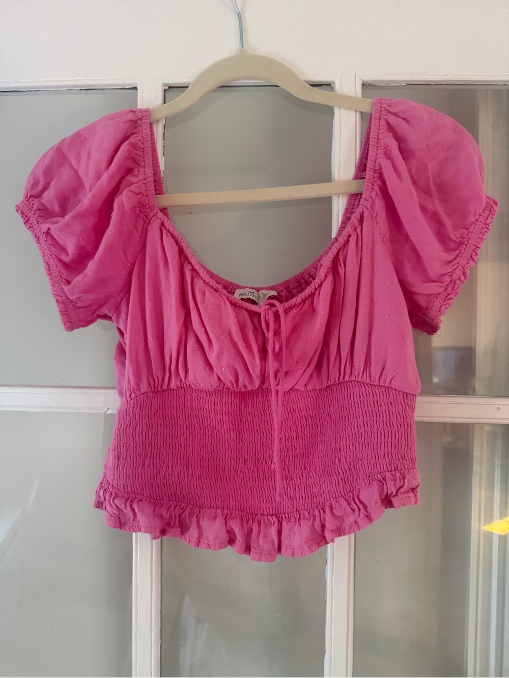 Hollister Pink Puff-Sleeve Smocked Waist Top